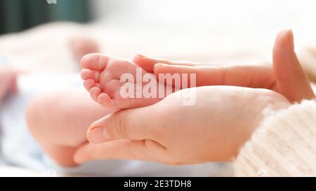 Petits pieds de bébé dans les mains des femmes. Une jeune mère se touche doucement et se charge des jambes de son nouveau-né. Concept de bonheur de famille et d'aimer les parents avec Banque D'Images