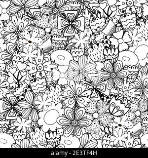 Motif fleurs en forme de doodle sans coutures. Page de coloriage de nature fantaisiste. Imprimé fleuri noir et blanc Illustration de Vecteur