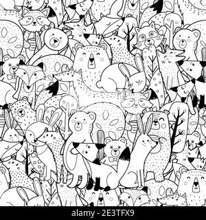 Dooodle Forest animaux noir et blanc sans couture motif. Page de coloriage amusante Illustration de Vecteur