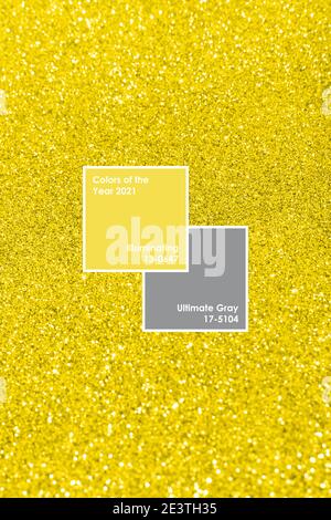 Abstrait jaune doré scintillant sur fond. Cercle feux défoqué bokeh. Couleur de l'année 2021 jaune illuminant avec cadre et texte Banque D'Images