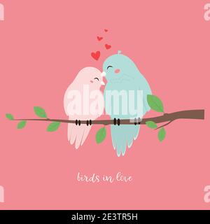 Couple oiseaux amoureux, assis sur une branche. Illustration vectorielle mignonne de style dessin animé plat, modèle pour carte de vœux de Saint-Valentin ou affiche Illustration de Vecteur
