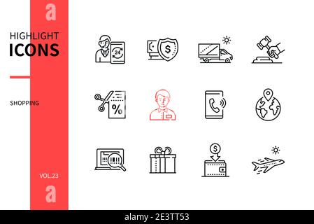 Concept shopping - jeu d'icônes de style design de ligne. Thèmes du commerce électronique et du service client. En ligne, sécurité, livraison, vente aux enchères, coupon, assistance, appel, Illustration de Vecteur