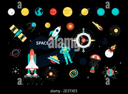 Éléments spatiaux - objets de style plat colorés sur fond noir. Idée de galaxie et d'astronomie. Infographiques avec planètes du système solaire, astona Illustration de Vecteur