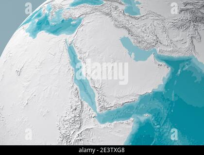 Carte du globe de la Péninsule arabique, carte physique du Moyen-Orient, rendu 3d, carte avec relief et montagnes. Mer d'Arabie, mer Rouge et golfe Persique. Banque D'Images