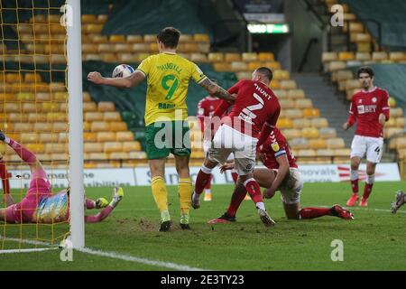 Norwich, Royaume-Uni. 20 janvier 2021. Jordan Hugill de Norwich marque son deuxième but lors du match du championnat Sky Bet à Carrow Road, Norwich photo par Paul Chesterton/Focus Images/Sipa USA 20/01/2021 Credit: SIPA USA/Alay Live News Banque D'Images