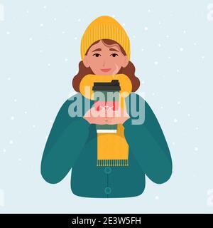 Femme vêtue d'un vêtement chaud tenant une tasse de café sur fond d'hiver. Illustration vectorielle de style plat Illustration de Vecteur