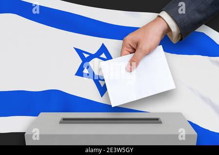 Election en Israël - vote aux urnes. La main de l'homme met son vote dans les urnes. Illustration de rendu 3D. Banque D'Images