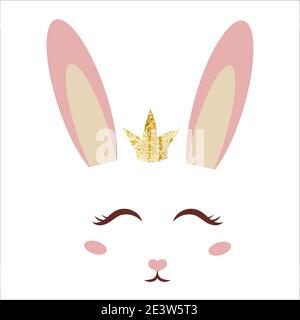 Joli petit lapin doux visage avec oreilles, décoration de style dessin animé isolée sur fond blanc. Imprimé mode, adorable lapin de personnage. Salutations Pâques. Illustration vectorielle Illustration de Vecteur