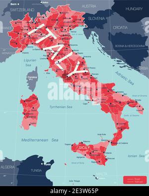 Italie carte détaillée modifiable avec régions villes, routes et chemins de fer, sites géographiques. Fichier vectoriel EPS-10 Illustration de Vecteur