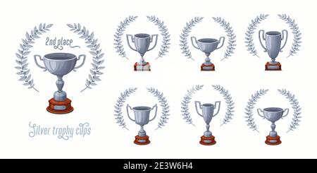 Coupes à trophées argentées avec couronnes de Laurier. Coupes de trophées de différentes formes - trophées de deuxième place. Illustration vectorielle de style dessin animé. Illustration de Vecteur