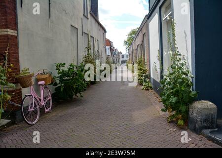 Hollande typique - une bicyclette rose penche contre un mur dans une rue calme avec beaucoup de plantes vertes les maisons Banque D'Images