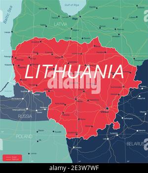 Lituanie pays carte détaillée modifiable avec régions villes, routes et chemins de fer, sites géographiques. Fichier vectoriel EPS-10 Illustration de Vecteur