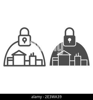 Ville et cadenas et icône solide, concept d'épidémie de coronavirus, ville verrouillée en raison du signe de virus sur fond blanc, quarantaine pour Illustration de Vecteur