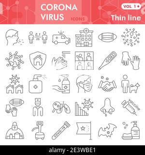 Jeu d'icônes à lignes fines coronavirus, collection de symboles de prévention Covid-19 ou croquis. 2019-nCoV signe épidémique pour le web, paquet de pictogrammes de style linéaire Illustration de Vecteur