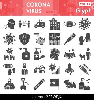 Ensemble d'icônes pleines de coronavirus, collection de symboles de prévention Covid-19 ou croquis. 2019-nCoV signes épidémiques pour le web, paquet de pictogrammes de style glyphe Illustration de Vecteur