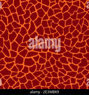 Motif sans coutures en peau de girafe avec imprimé animal tendance pour une reproduction continue. Mosaïque chaotique, pièces bordeaux sur fond orange. Liage Banque D'Images