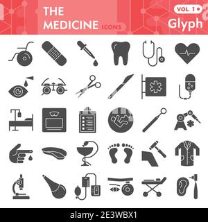 Jeu d'icônes solides de médecine, collection de symboles de soins de santé ou croquis. Signes médicaux pour le web, paquet de pictogrammes de style glyphe isolé sur fond blanc Illustration de Vecteur