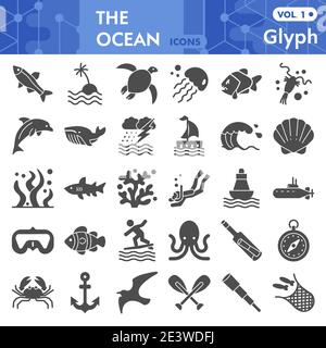 Ensemble d'icônes solides, collection de symboles nautiques ou croquis. Signes de vie marine pour le web, paquet de pictogrammes de style glyphe isolé sur fond blanc Illustration de Vecteur