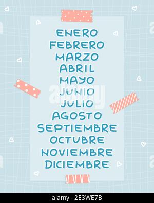 Mois bleu et blanc de janvier à décembre sur bleu arrière-plan avec bandes de washi roses et papier à motifs avec lignes et les cœurs pour le calendrier ou le plan Illustration de Vecteur