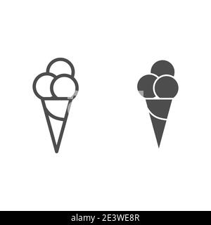 Ligne de crème glacée et icône pleine, concept d'été, trois boules de crème glacée dans le signe de gaufre de cône sur fond blanc, icône de crème glacée dans le style de contour pour Illustration de Vecteur