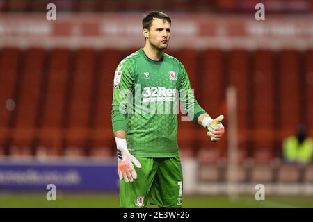 Nottingham, Royaume-Uni. 20 janvier 2021. Marcus Bettinelli de Middlesbrough lors du match de championnat Sky Bet entre Nottingham Forest et Middlesbrough au City Ground, Nottingham, le mercredi 20 janvier 2021. (Credit: Jon Hobley | MI News) Credit: MI News & Sport /Alay Live News Banque D'Images