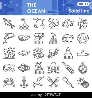 Ensemble d'icônes de la ligne de l'océan, collection de symboles nautiques ou croquis. Panneaux de vie marine pour toile, paquet de pictogrammes de style linéaire isolé sur fond blanc Illustration de Vecteur