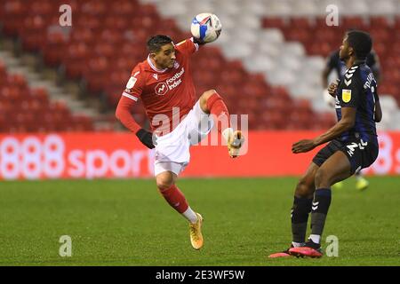 Nottingham, Royaume-Uni. 20 janvier 2021. Anthony Knockaert (28) de la forêt de Nottingham en action pendant le match de championnat Sky Bet entre la forêt de Nottingham et Middlesbrough au City Ground, Nottingham, le mercredi 20 janvier 2021. (Credit: Jon Hobley | MI News) Credit: MI News & Sport /Alay Live News Banque D'Images