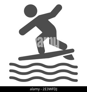 Icône de surf solide, concept de sports nautiques d'été, surfer et signe de vagues sur fond blanc, icône de surf de l'homme en style glyphe pour mobile Illustration de Vecteur