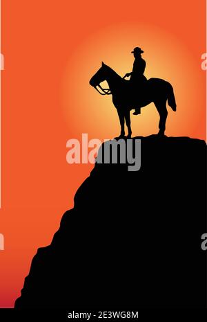 Homme sur le cheval au lever ou au coucher du soleil — Vector Illustration de Vecteur