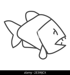 Piranha icône de ligne mince, concept d'océan, signe agressif de prédateur de poisson sur fond blanc, Piranha icône dans le style de contour pour le concept mobile et le Web Illustration de Vecteur