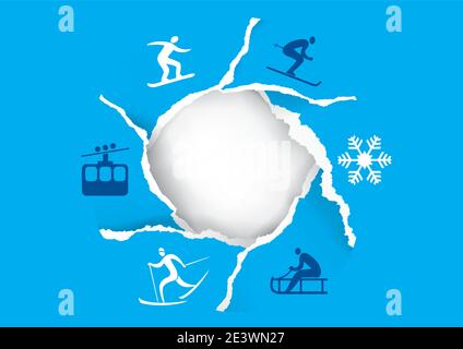 Icônes de sport d'hiver, bannière en papier déchirée. Illustration d'un trou de papier déchiré sur fond bleu avec des symboles d'activités sportives d'hiver. Modèle d'infographie. Illustration de Vecteur