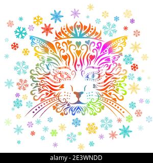 Le visage du chat est multicolore. Les flocons de neige sont arc-en-ciel. Illustration vectorielle Illustration de Vecteur