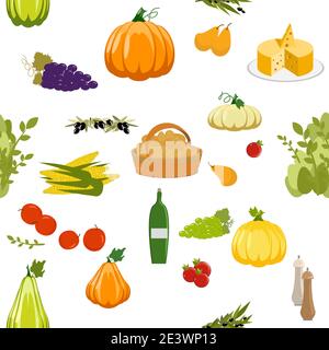Récolte agricole, vin, fromage, légumes, fruits. Conception plate. Illustration du motif vectoriel sans couture Illustration de Vecteur
