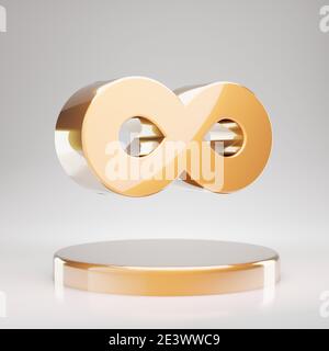 Icône infini. Symbole jaune or infini sur podium doré. Icône 3D Rendered social Media. Banque D'Images