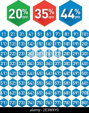 Ensemble d'étiquettes de réduction vectorielles. 1 % à 80 % de réduction sur le design plat des icônes d'étiquettes Illustration de Vecteur