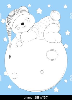 livre de coloriage sleeping boy bébé teddy ours sur la lune en casquette rayée, image à la main dessin style pour la douche de bébé. Carte de vœux, invitation à une fête, fas Illustration de Vecteur