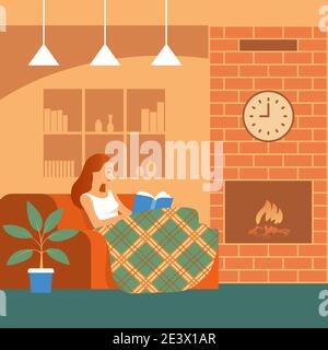 Une fille lit un livre sur le canapé à la maison. Chambre moderne avec Internet et cheminée. Illustration vectorielle plate. Illustration de Vecteur