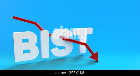 Istanbul-Turquie - 01.15.2020: Sur 3D rendu dégradation fond bleu les lettres BIST sont écrites en blanc gras. La flèche rouge décroche Banque D'Images