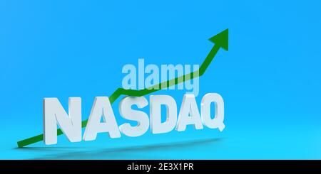 Istanbul-Turquie - 01.15.2020: Sur 3D rendu dégradation fond bleu le mot NASDAQ est écrit en caractères gras blancs. Une flèche verte montante Banque D'Images