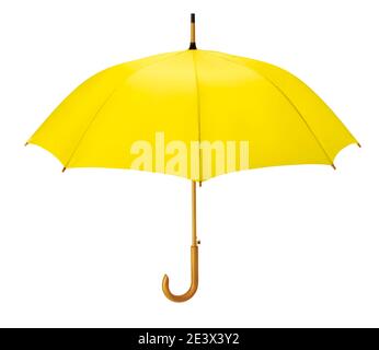Parapluie jaune ouvert isolé sur fond blanc Banque D'Images