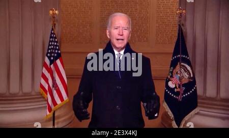 Le président des États-Unis Joe Biden fait des remarques lors de « Celebraing America », un programme très opportun pour accueillir une nouvelle ère de leadership à l'occasion de l'inauguration de Joe Biden en en tant que président des États-Unis et de Kamala Harris en tant que vice-président des États-Unis le 20 janvier 2021. Photo du Comité inaugural de Biden via CNP/ABACAPRESS.COM Banque D'Images