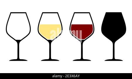 Ensemble d'icônes de verre à vin comprenant verre vide, verres avec vin blanc et rouge et silhouette. Image vectorielle. Illustration de Vecteur