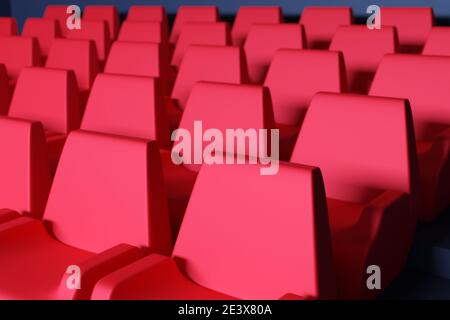 La 3D rend les mêmes rangées de chaises souples de dessin animé rouge dans le théâtre. Concept d'un beau cinéma au néon avec chaises Banque D'Images