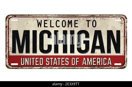 Bienvenue à Michigan plaque de métal rouillé vintage sur fond blanc, illustration vectorielle Illustration de Vecteur