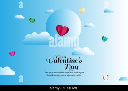 Modèle de la Saint-Valentin bannière avec ciel bleu et nuages coupés en papier, Illustration de Vecteur