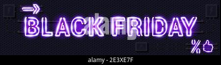 PANNEAU DE lampe au néon violet brillant DU VENDREDI NOIR. Illustration vectorielle réaliste. Mur perforé en métal noir avec équipement électrique. Illustration de Vecteur