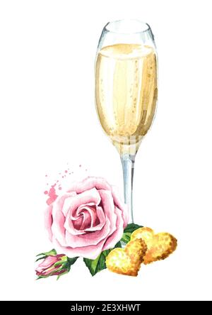 Amour et romance. Fleurs roses, coeurs dorés et coupe de champagne. Illustration aquarelle dessinée à la main, isolée sur fond blanc Banque D'Images