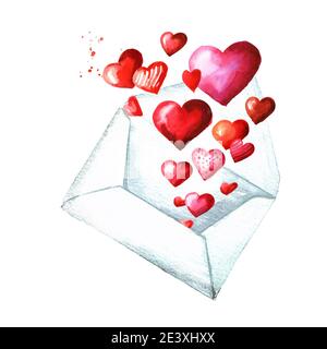 Enveloppe de Saint-Valentin avec coeurs. Vœux de fête des mères et des femmes. Illustration aquarelle dessinée à la main, isolée sur fond blanc Banque D'Images
