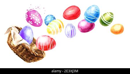 Panier avec œufs de Pâques de couleur volante. Illustration aquarelle dessinée à la main, isolée sur fond blanc Banque D'Images