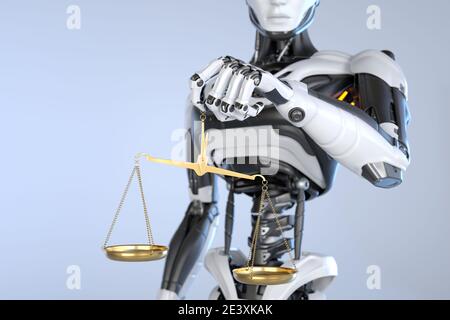 Robot android tenant une balance de justice. Illustration 3D Banque D'Images